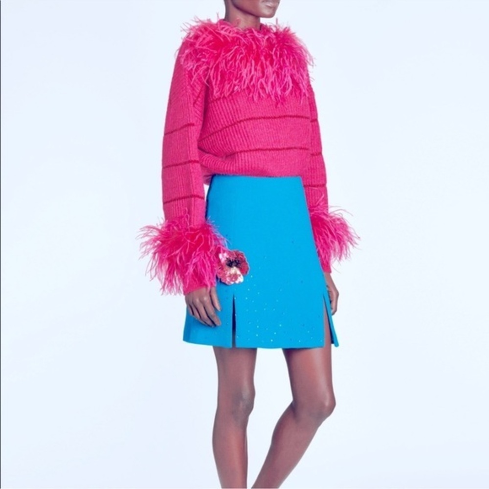 ART DEALER Fuchsia Wool Blend Chain of fools Sweater Ostrich‎ feathers Size XS